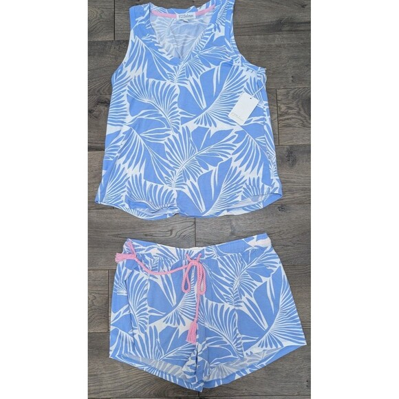 P.J. Salvage Lounge Pajama Set Palm Leaf Print Tank & Shorts Blue White Sz S - Picture 1 of 5